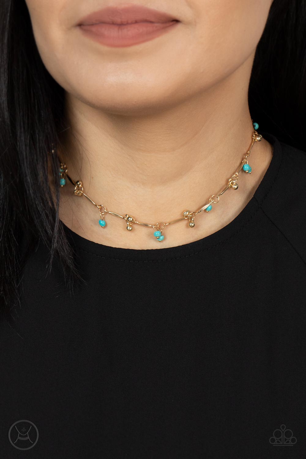 Sahara Social Gold and Turquoise Choker Necklace - Paparazzi Accessories- on model - CarasShop.com - Paparazzi Jewelry by Cara Jewels
