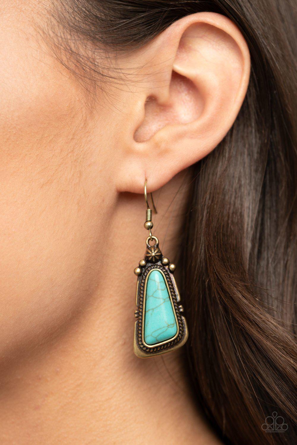 Sahara Solitude Brass and Turquoise Blue Stone Earrings - Paparazzi Accessories- lightbox - CarasShop.com - Paparazzi Jewelry by Cara Jewels