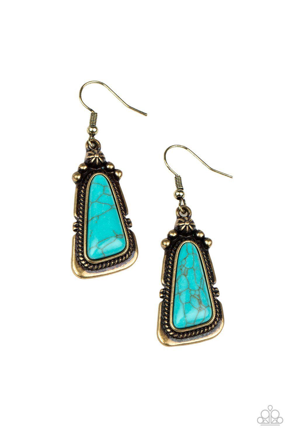 Sahara Solitude Brass and Turquoise Blue Stone Earrings - Paparazzi Accessories- on model - CarasShop.com - Paparazzi Jewelry by Cara Jewels