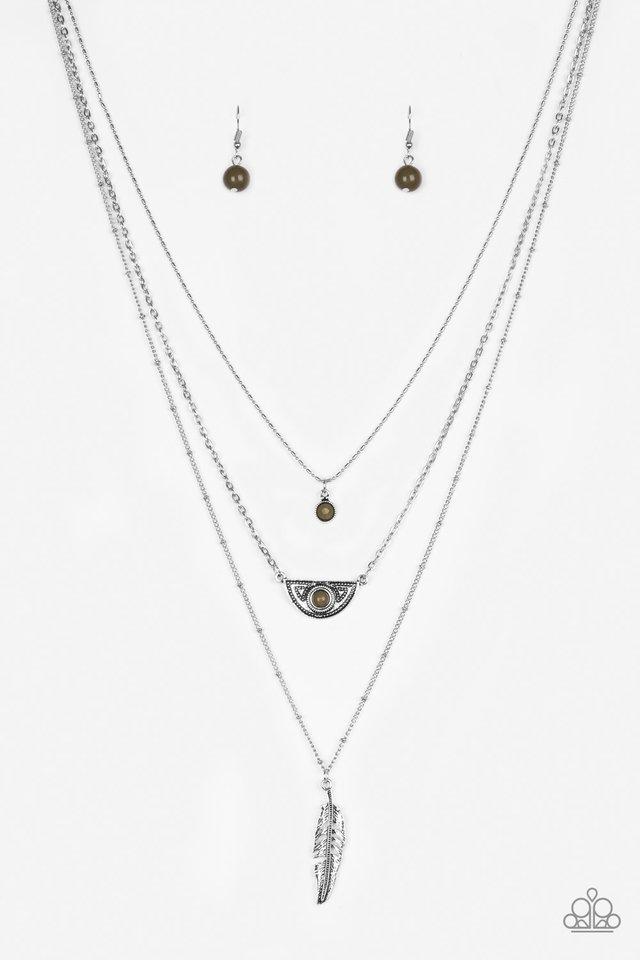 Sahara Sparrow Green and Silver Feather Necklace - Paparazzi Accessories - free matching earrings -CarasShop.com - Paparazzi Jewelry by Cara Jewels