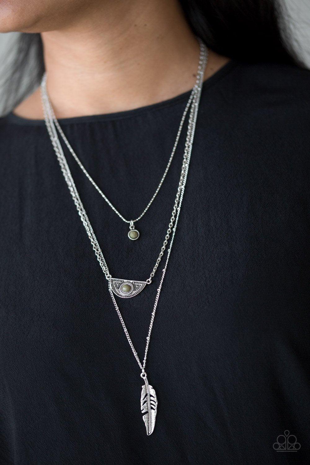 Sahara Sparrow Green and Silver Feather Necklace - Paparazzi Accessories- lightbox - CarasShop.com - Paparazzi Jewelry by Cara Jewels