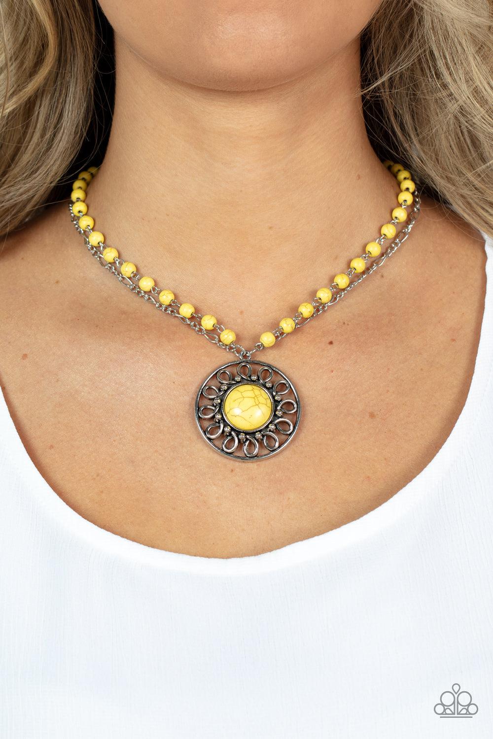Sahara Suburb Yellow Stone Necklace - Paparazzi Accessories- on model - CarasShop.com - Paparazzi Jewelry by Cara Jewels
