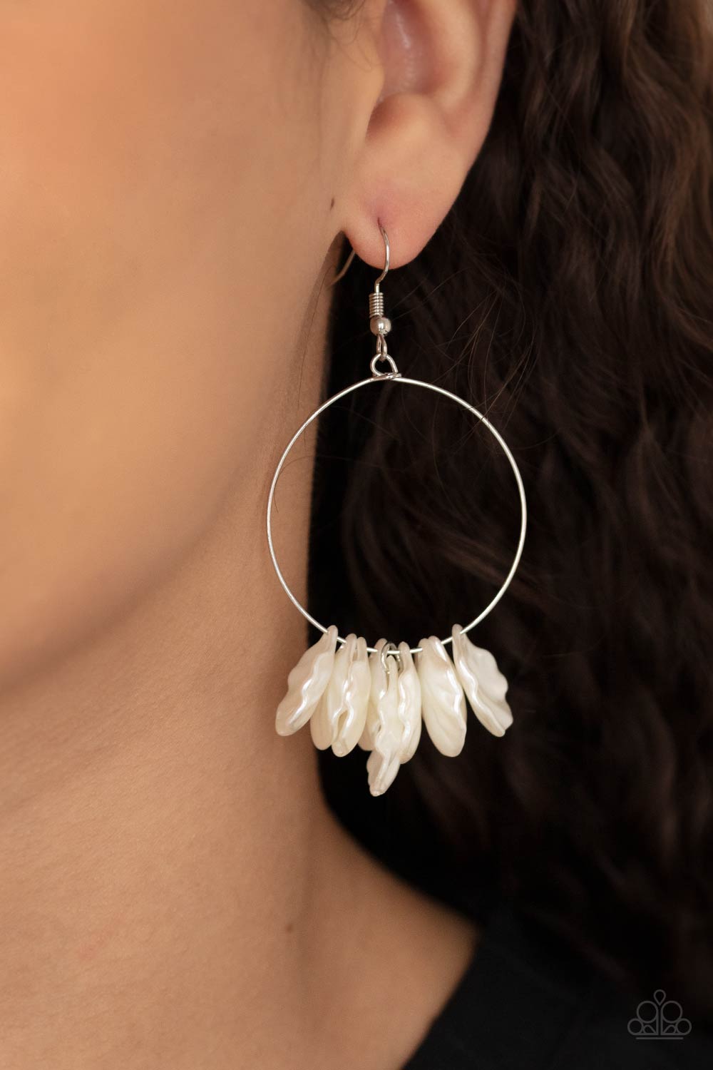 Sailboats and Seashells White Pearly Shell Earrings - Paparazzi Accessories- on model - CarasShop.com - Paparazzi Jewelry by Cara Jewels