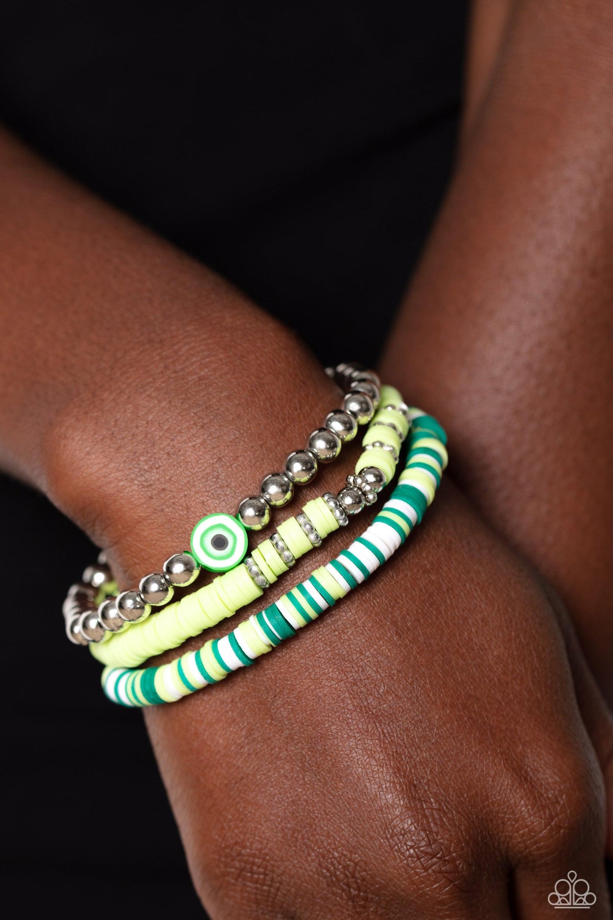 Sam EYE Am Green Bracelet Set - Paparazzi Accessories- on model - CarasShop.com - Paparazzi Jewelry by Cara Jewels