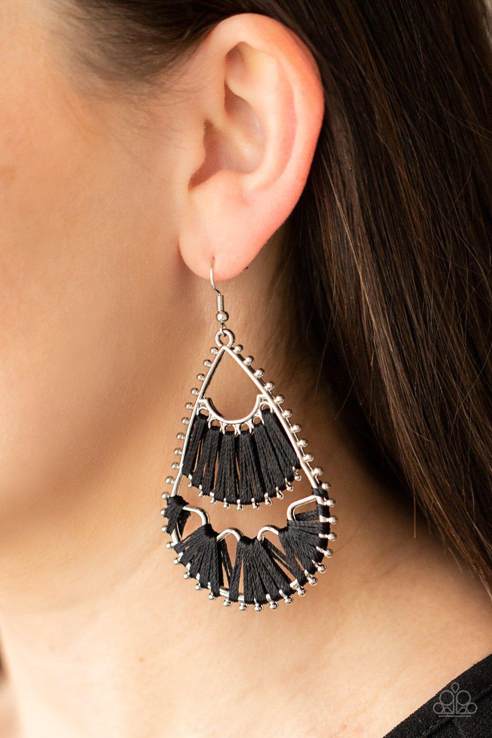 Samba Scene Black and Silver Earrings - Paparazzi Accessories- on model - CarasShop.com - Paparazzi Jewelry by Cara Jewels