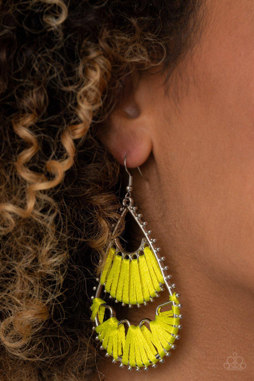 Samba Scene Yellow Thread and Silver Earrings - Paparazzi Accessories Spring Exclusive 2021- lightbox - CarasShop.com - Paparazzi Jewelry by Cara Jewels