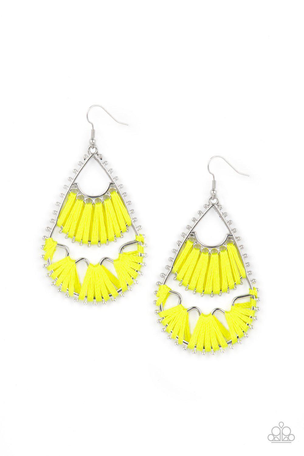 Samba Scene Yellow Thread and Silver Earrings - Paparazzi Accessories Spring Exclusive 2021- on model - CarasShop.com - Paparazzi Jewelry by Cara Jewels