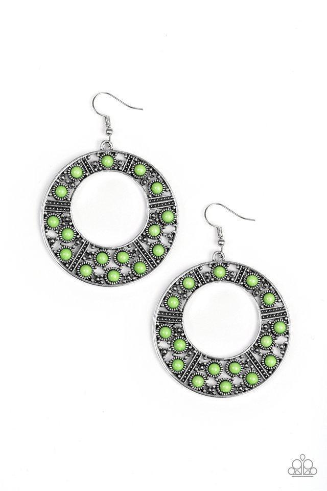 San Diego Samba Green Earrings - Paparazzi Accessories- on model - CarasShop.com - Paparazzi Jewelry by Cara Jewels