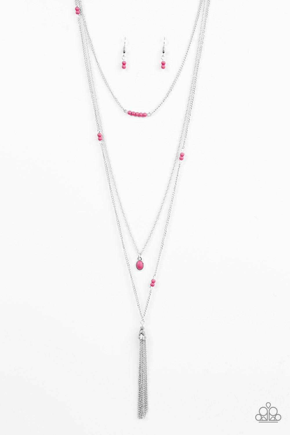 Sandstone Castles Long Hot Pink Tassel Necklace - Paparazzi Accessories- lightbox - CarasShop.com - Paparazzi Jewelry by Cara Jewels