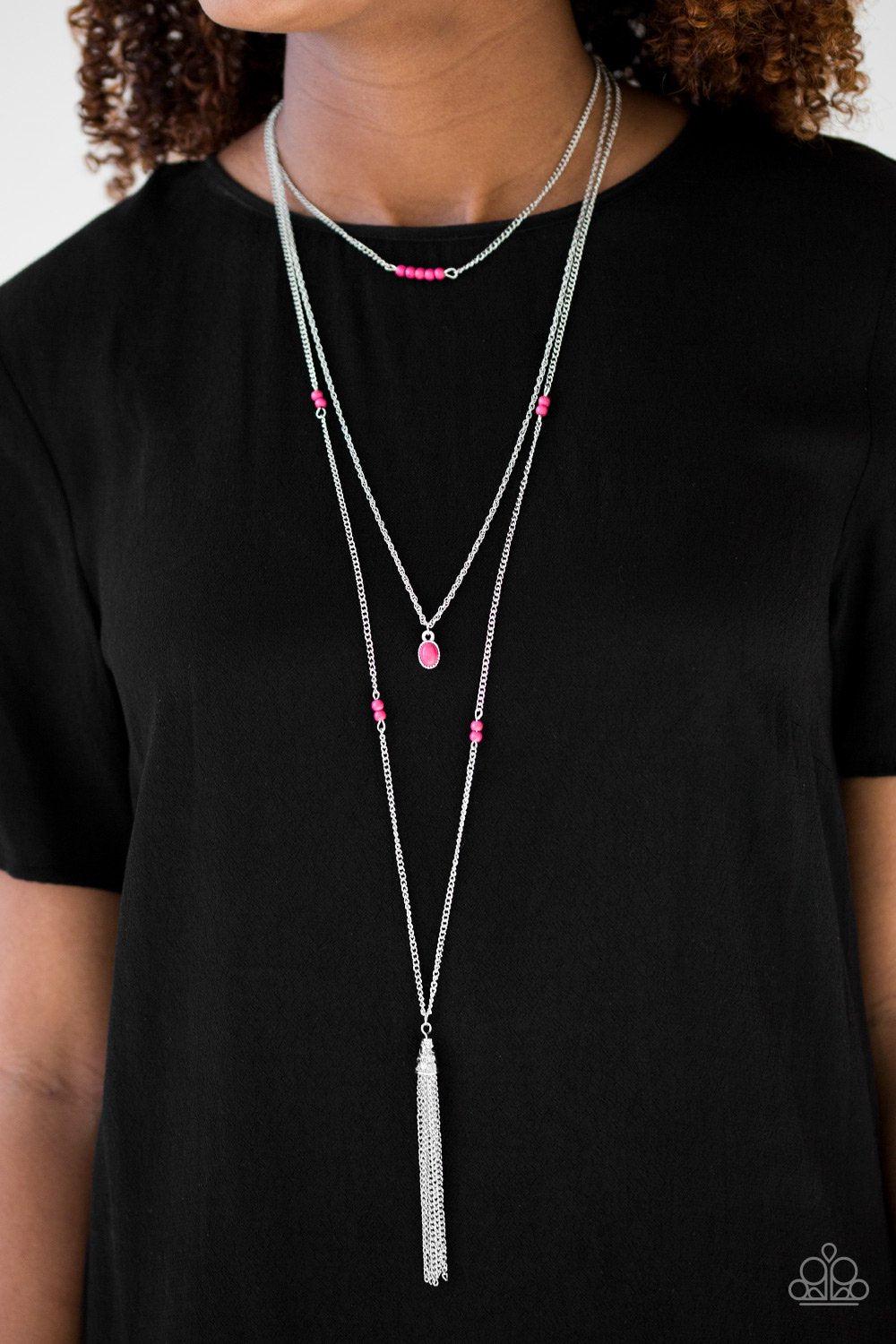 Sandstone Castles Long Hot Pink Tassel Necklace - Paparazzi Accessories- on model - CarasShop.com - Paparazzi Jewelry by Cara Jewels