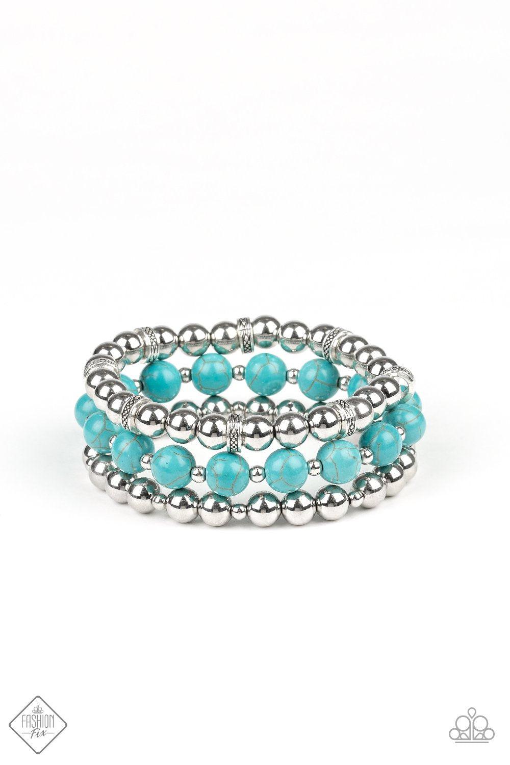Sandstone Serendipity Silver and Turquoise Blue Stone Bracelet Set - Paparazzi Accessories- on model - CarasShop.com - Paparazzi Jewelry by Cara Jewels