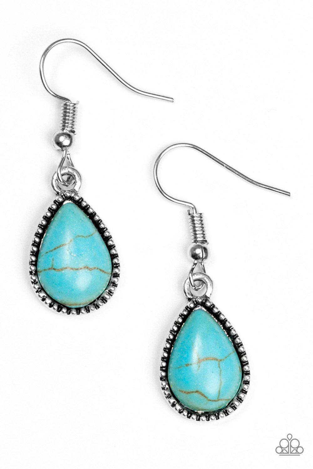 Sandstone Symphony Turquoise Blue Stone Teardrop Earrings - Paparazzi Accessories- on model - CarasShop.com - Paparazzi Jewelry by Cara Jewels