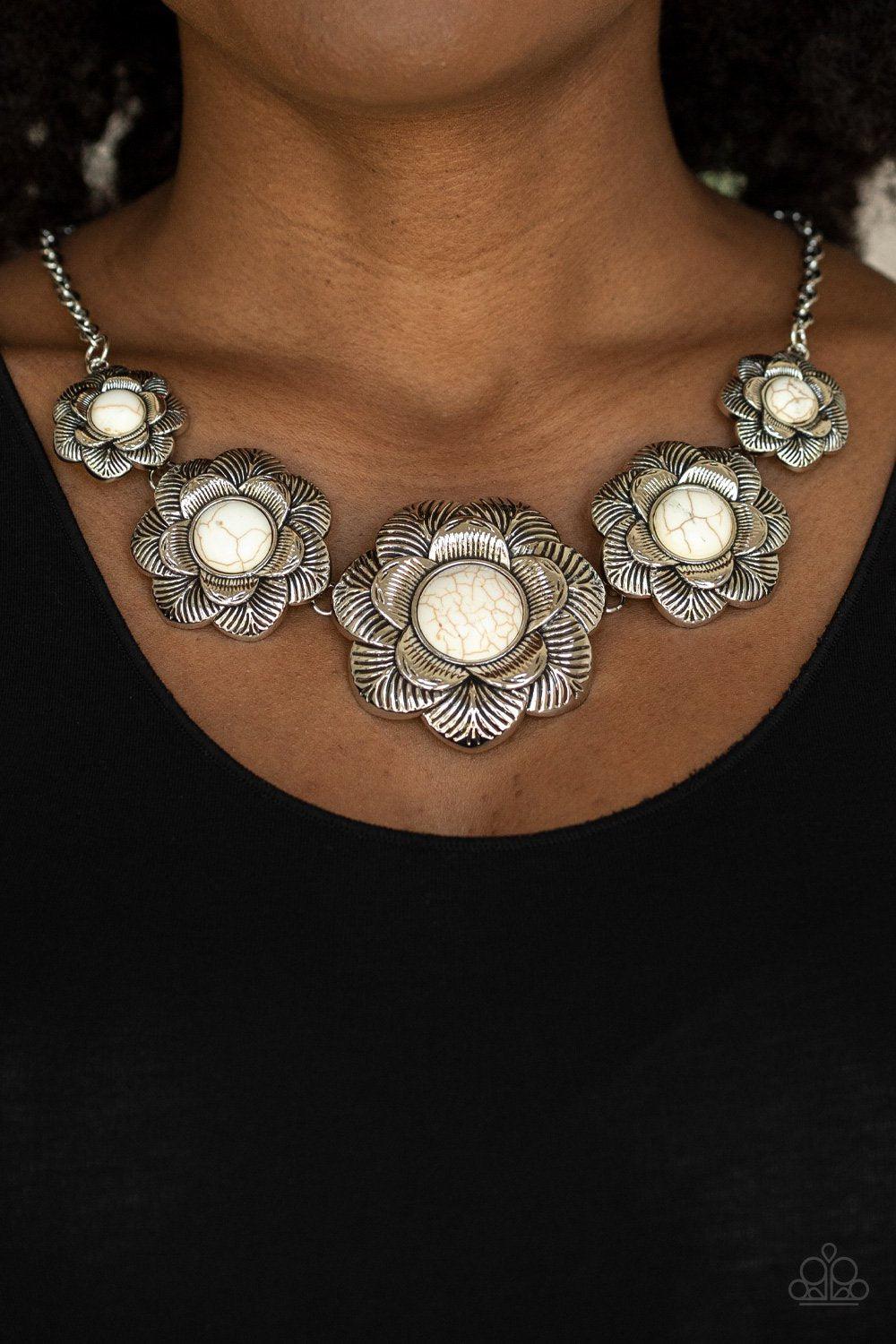 Santa Fe Hills White Stone Flower Necklace - Paparazzi Accessories- on model - CarasShop.com - Paparazzi Jewelry by Cara Jewels