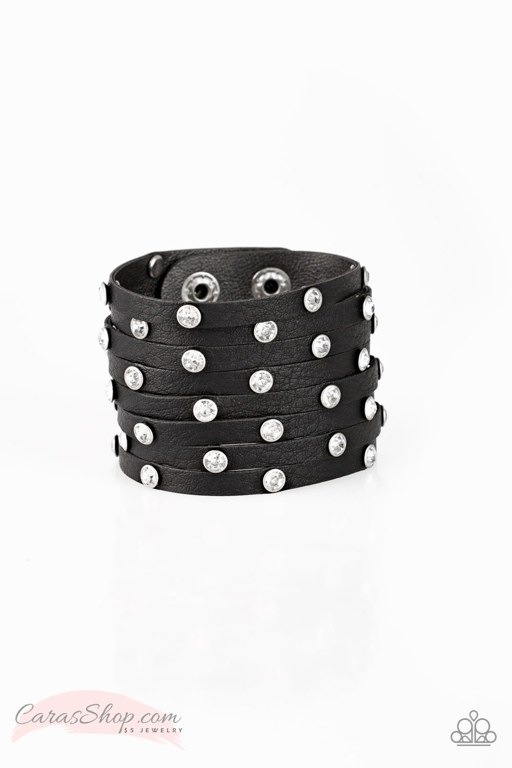 Sass Squad - Black Leather Wrap Snap Bracelet - Paparazzi Accessories- lightbox - CarasShop.com - Paparazzi Jewelry by Cara Jewels
