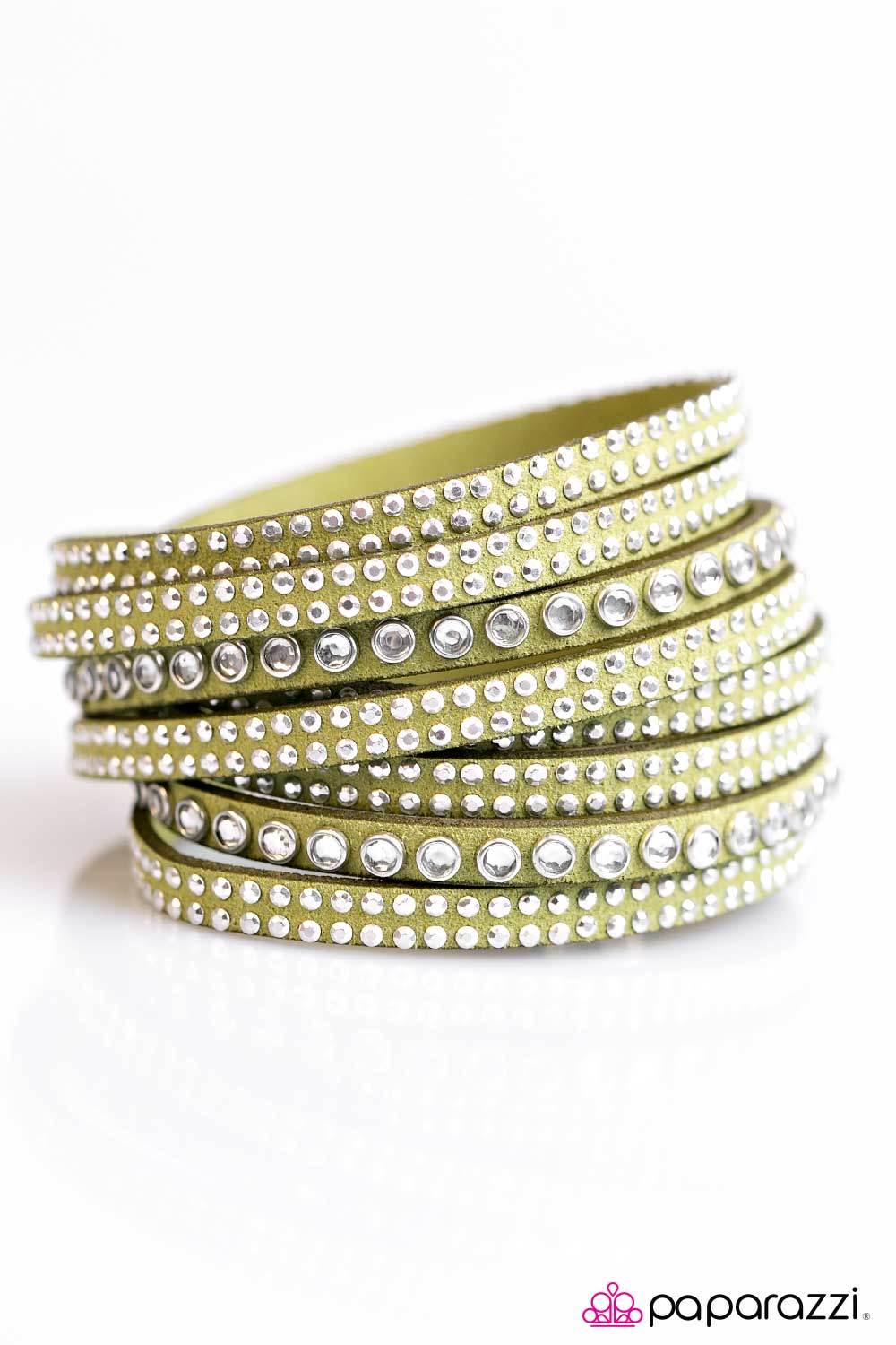 Sassy Satisfaction Green and Silver Double-wrap Snap Bracelet - Paparazzi Accessories- on model - CarasShop.com - Paparazzi Jewelry by Cara Jewels