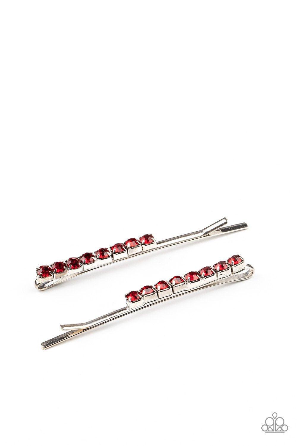 Satisfactory Sparkle Red Rhinestone Hair Pins - Paparazzi Accessories- lightbox - CarasShop.com - Paparazzi Jewelry by Cara Jewels