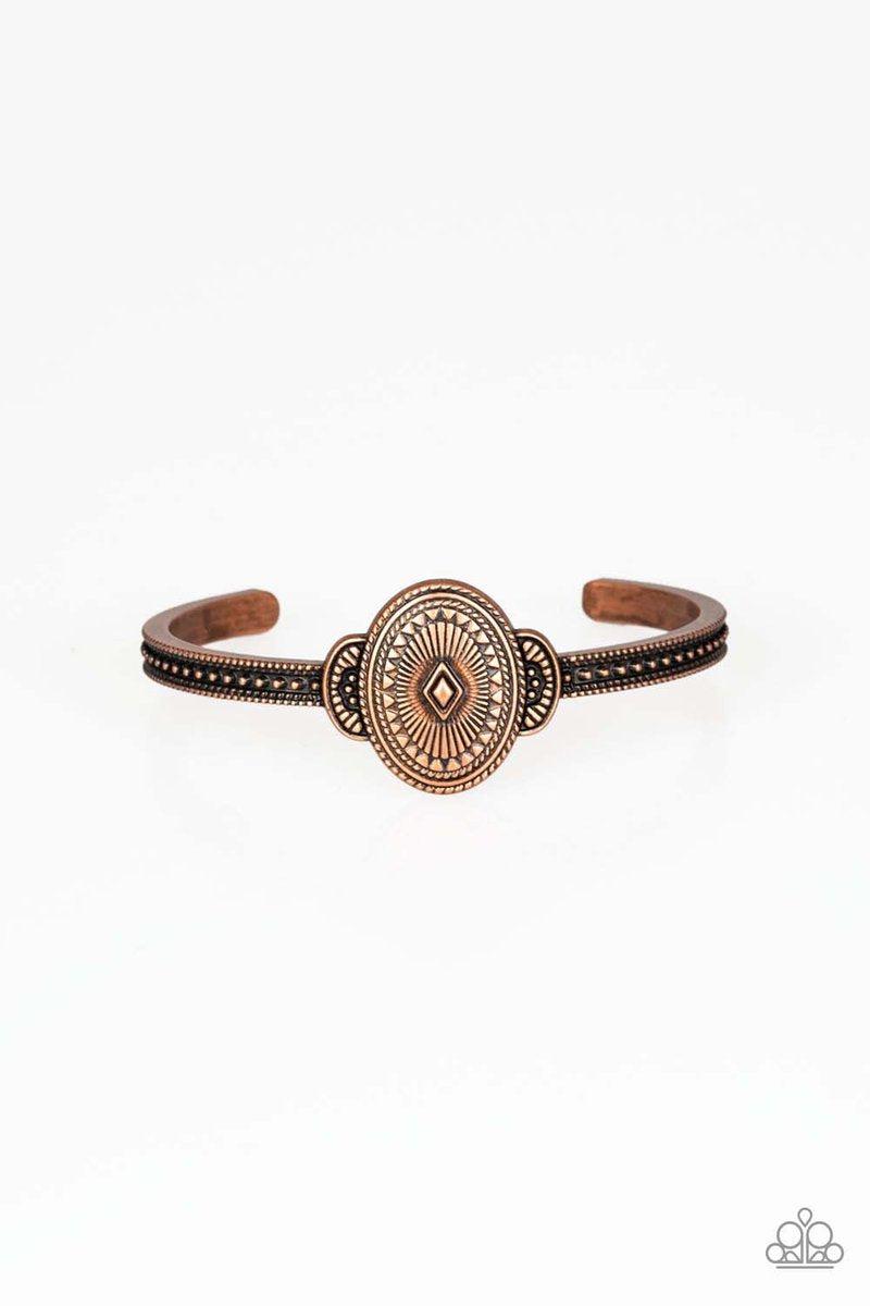 Savannah Sunset Copper Cuff Bracelet - Paparazzi Accessories- on model - CarasShop.com - Paparazzi Jewelry by Cara Jewels