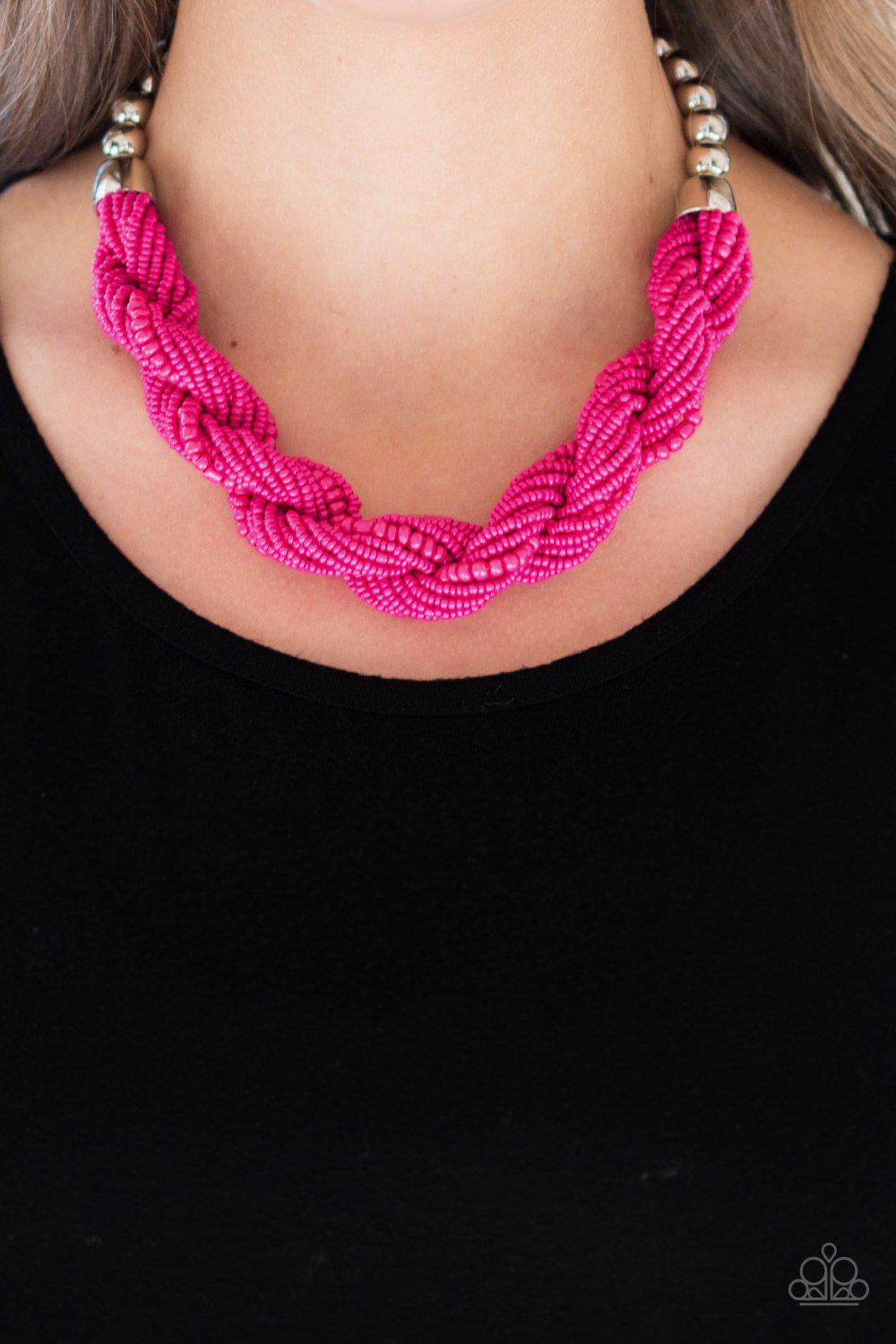 Savannah Surfin Pink Seed Bead Necklace - Paparazzi Accessories- on model - CarasShop.com - Paparazzi Jewelry by Cara Jewels