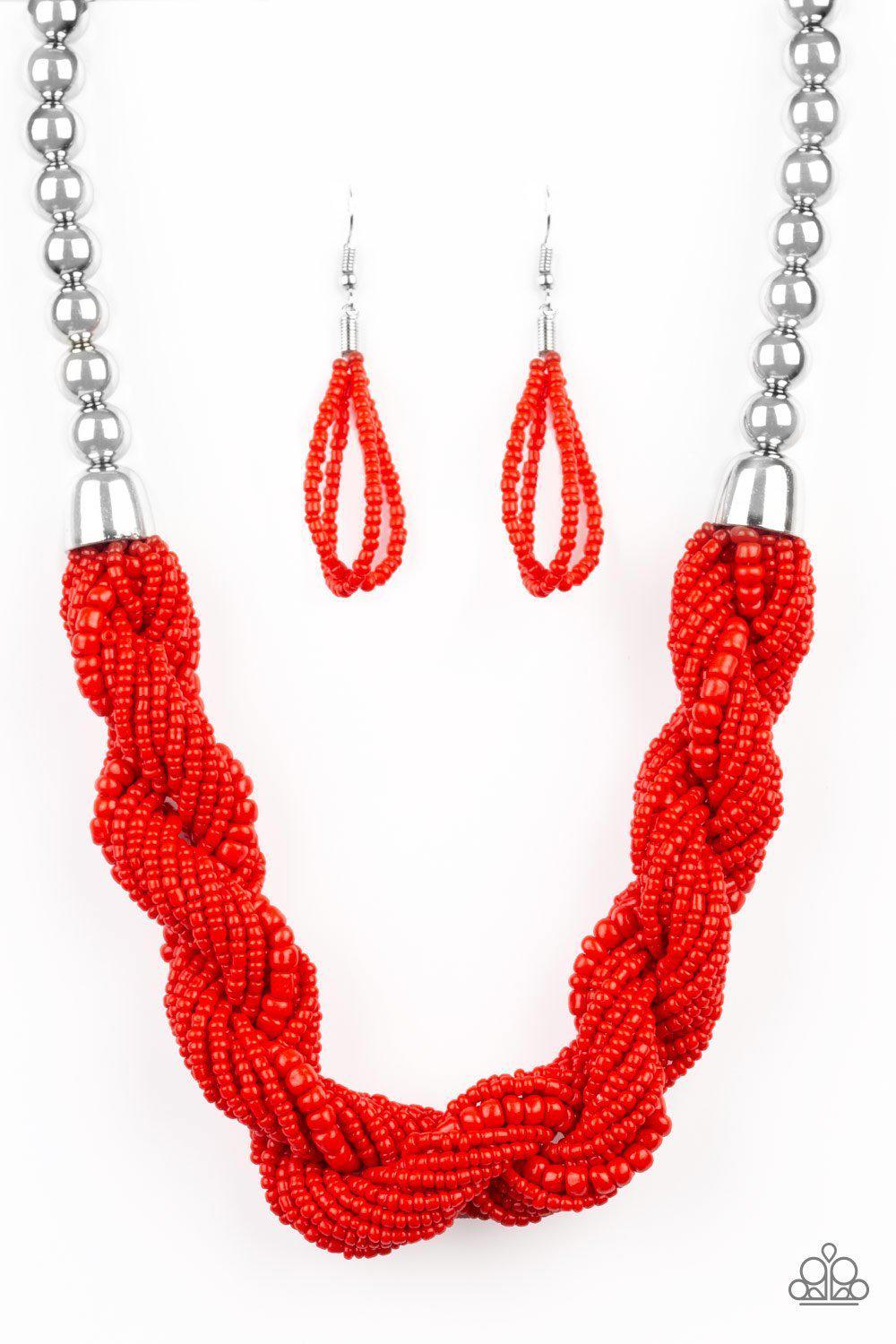 Savannah Surfin Red Seed Bead Necklace - Paparazzi Accessories- on model - CarasShop.com - Paparazzi Jewelry by Cara Jewels