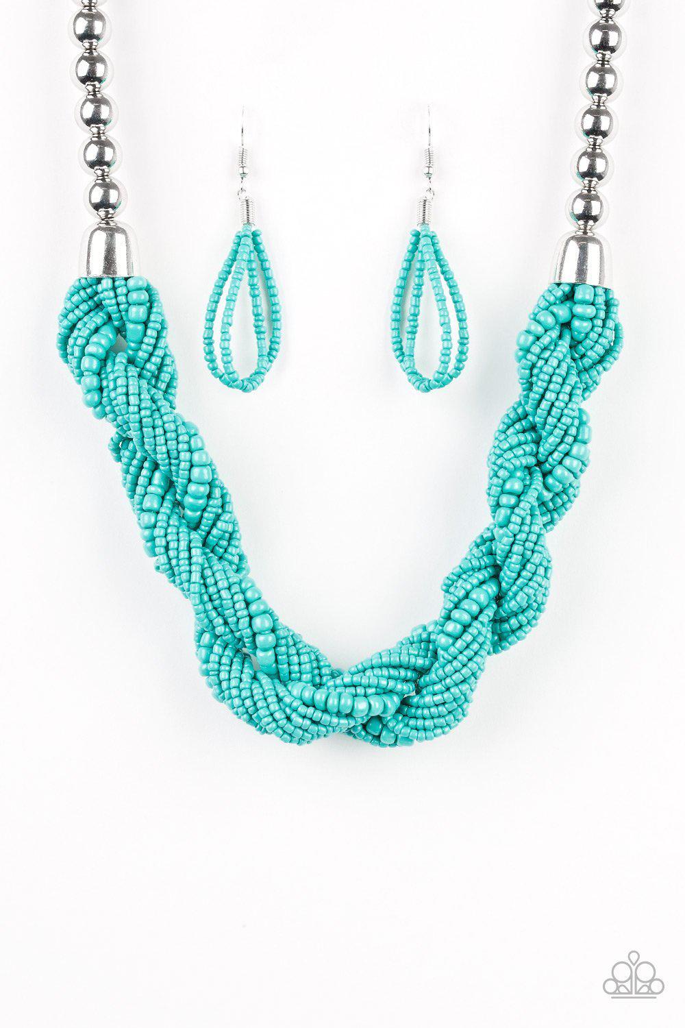 Savannah Surfin' Turquoise Blue Seed Bead Necklace and matching Earrings - Paparazzi Accessories- lightbox - CarasShop.com - Paparazzi Jewelry by Cara Jewels