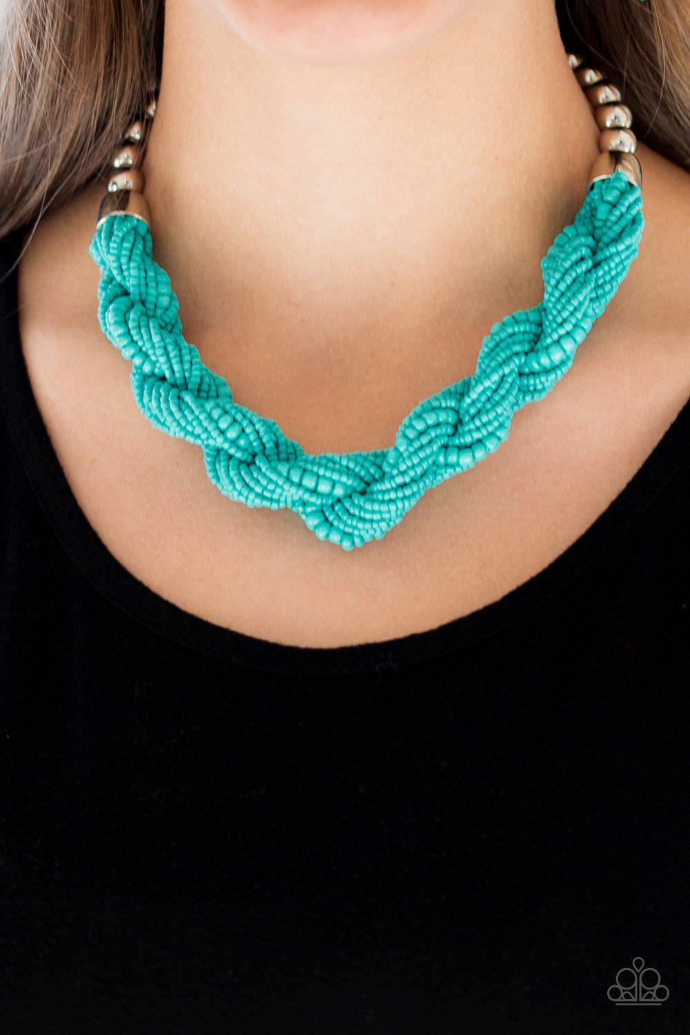 Savannah Surfin' Turquoise Blue Seed Bead Necklace and matching Earrings - Paparazzi Accessories- on model - CarasShop.com - Paparazzi Jewelry by Cara Jewels