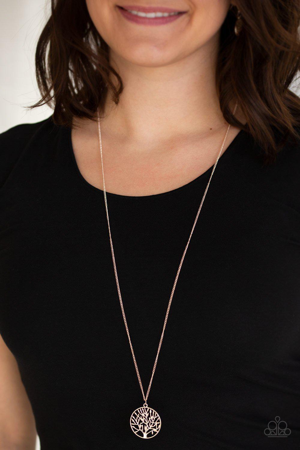 Save The Trees Rose Gold Necklace - Paparazzi Accessories- on model - CarasShop.com - Paparazzi Jewelry by Cara Jewels