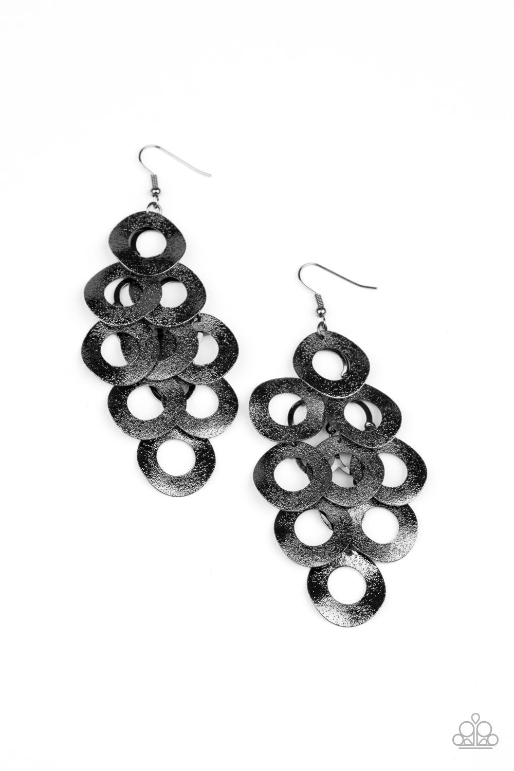 Scattered Shimmer Gunmetal Black Cascading Hoop Earrings - Paparazzi Accessories- lightbox - CarasShop.com - Paparazzi Jewelry by Cara Jewels