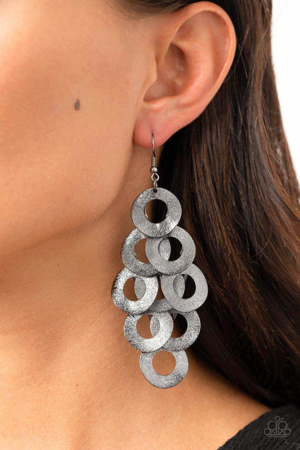 Scattered Shimmer Gunmetal Black Cascading Hoop Earrings - Paparazzi Accessories- lightbox - CarasShop.com - Paparazzi Jewelry by Cara Jewels