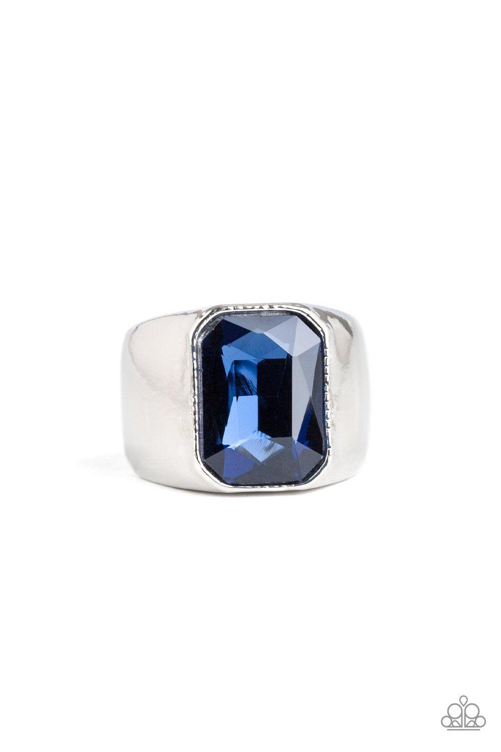 Scholar Men's Silver and Blue Rhinestone Ring - Paparazzi Accessories- on model - CarasShop.com - Paparazzi Jewelry by Cara Jewels