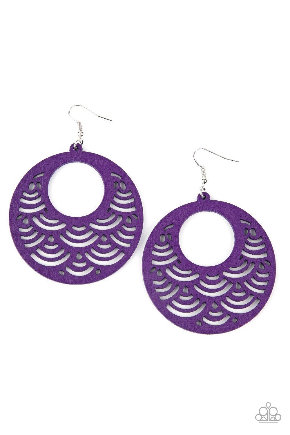SEA Le Vie! Purple Wood Earrings - Paparazzi Accessories- on model - CarasShop.com - Paparazzi Jewelry by Cara Jewels