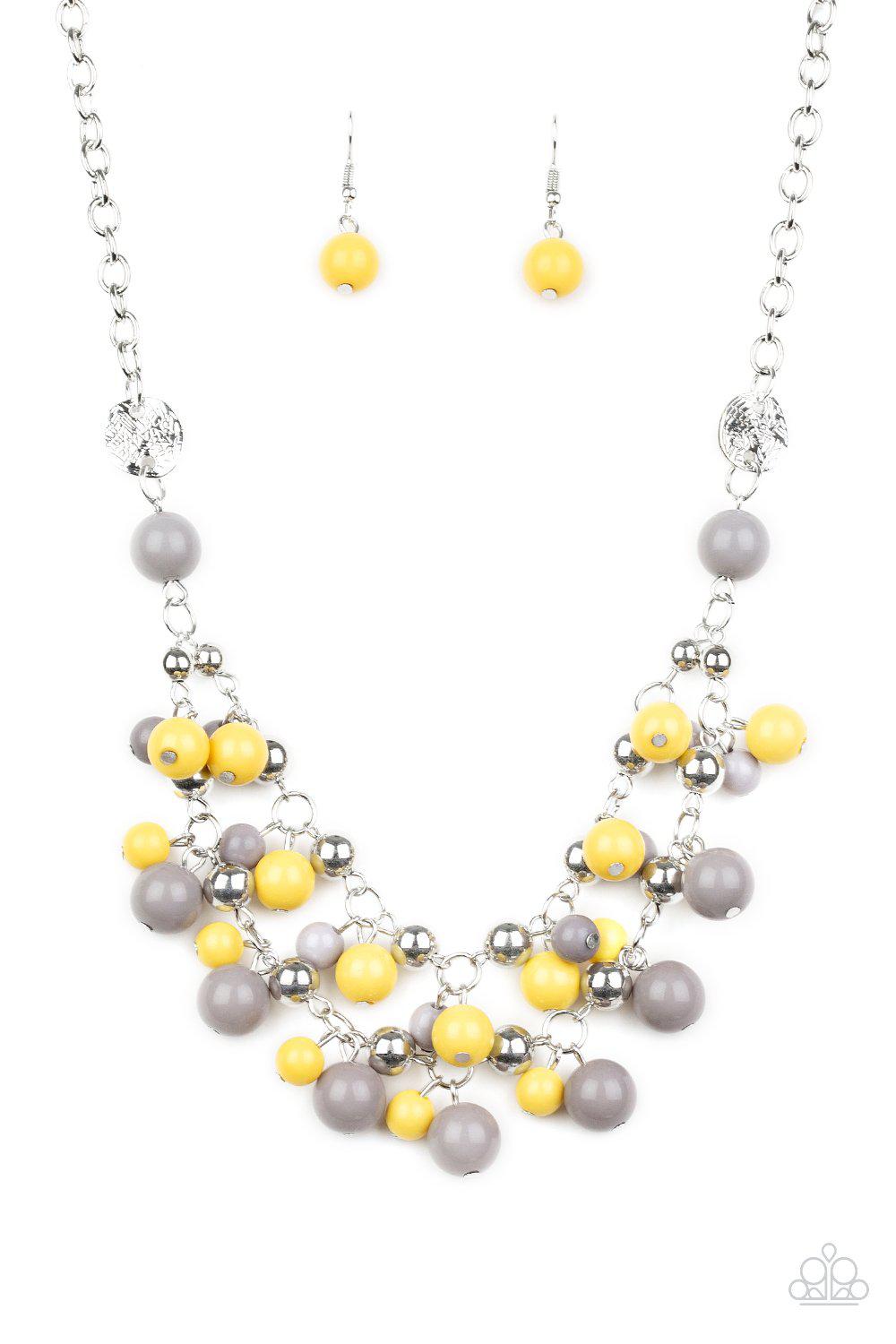 Seaside Soiree Multi Yellow and Grey Necklace - Paparazzi Accessories- on model - CarasShop.com - Paparazzi Jewelry by Cara Jewels