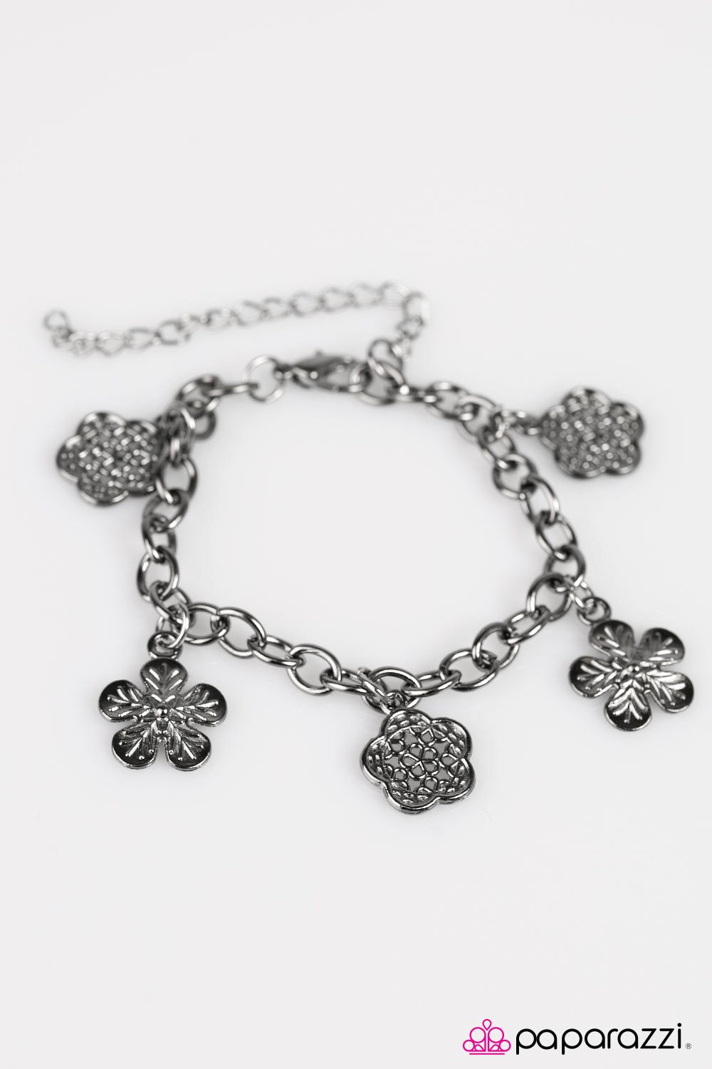 Season of Flowers Gunmetal Black Flower Charm Bracelet - Paparazzi Accessories- on model - CarasShop.com - Paparazzi Jewelry by Cara Jewels
