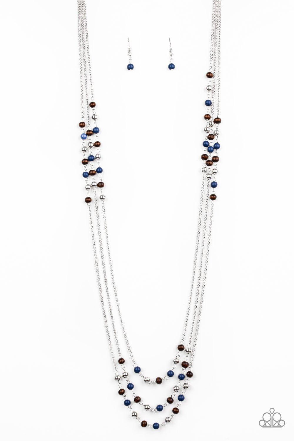 Seasonal Sensation Blue, Wood and Silver Necklace - Paparazzi Accessories- lightbox - CarasShop.com - Paparazzi Jewelry by Cara Jewels