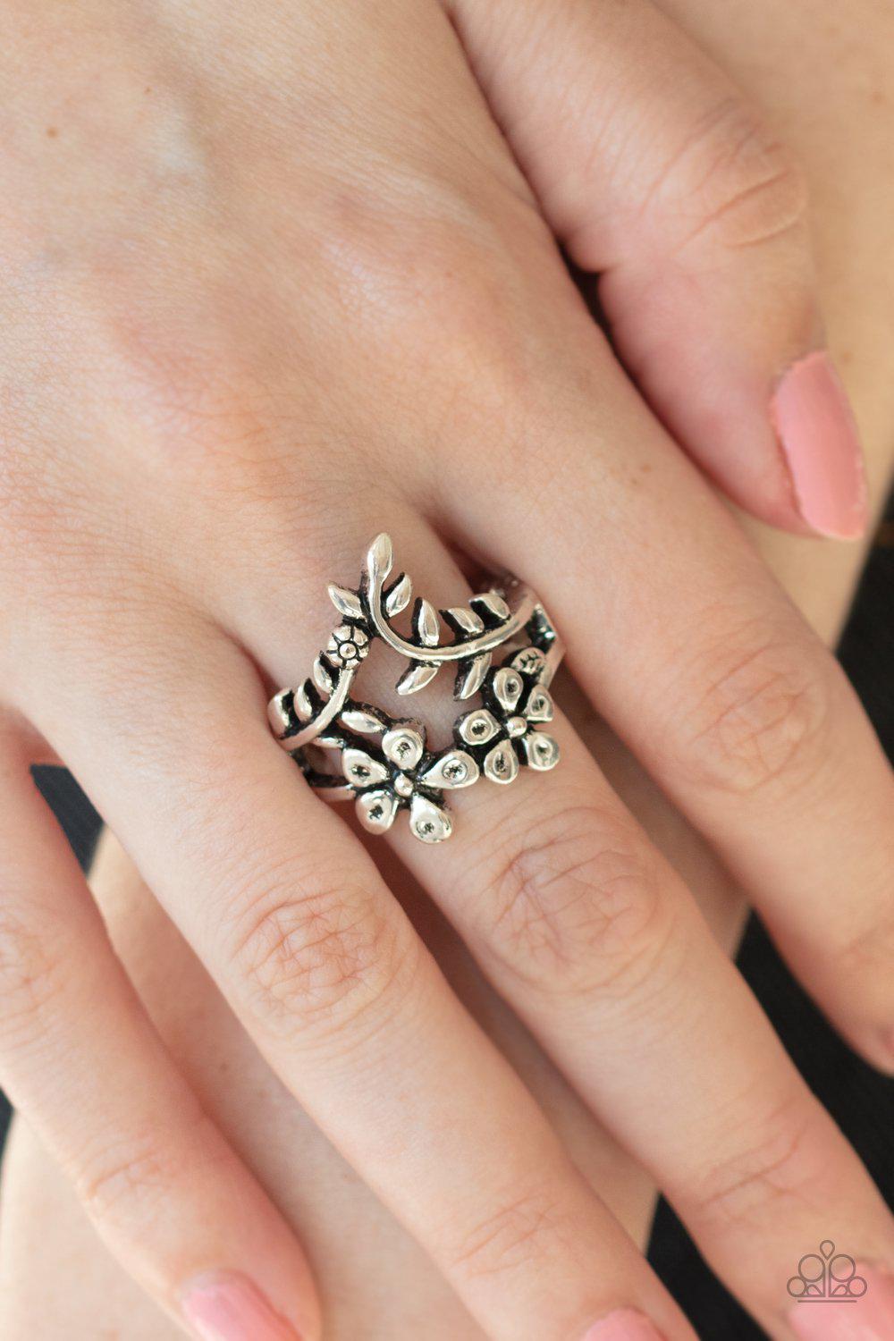 Secret Eden Silver Flower Ring - Paparazzi Accessories- lightbox - CarasShop.com - Paparazzi Jewelry by Cara Jewels
