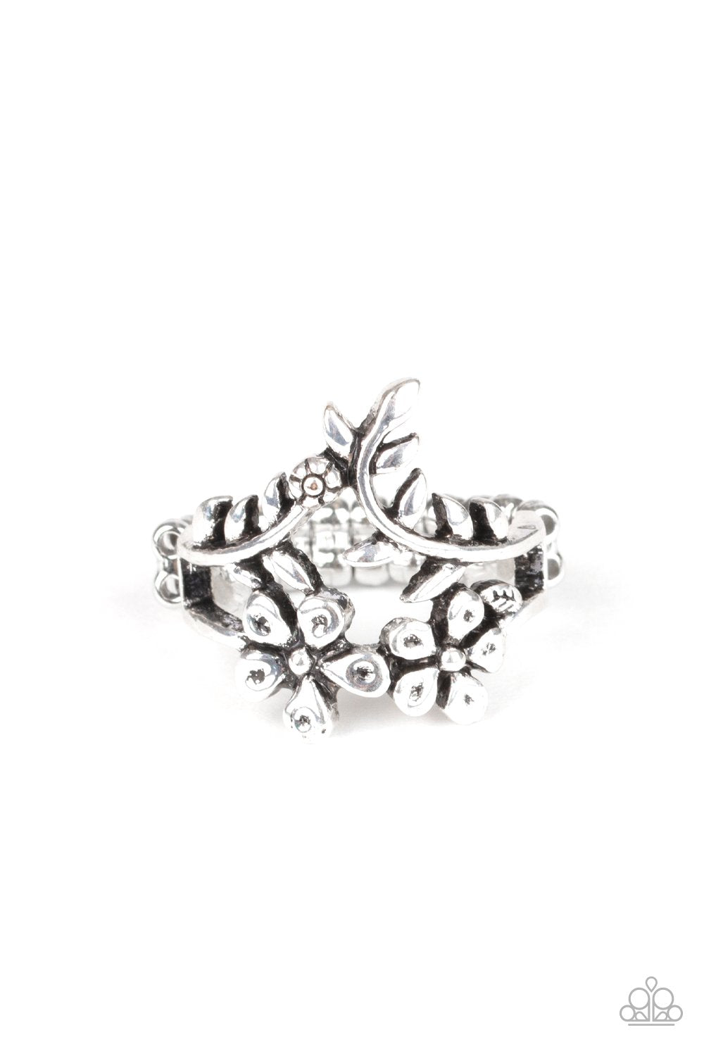 Secret Eden Silver Flower Ring - Paparazzi Accessories- on model - CarasShop.com - Paparazzi Jewelry by Cara Jewels