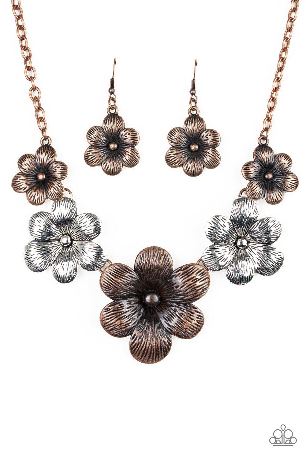 Secret Garden Multi Silver and Copper Flower Necklace and matching Earrings - Paparazzi Accessories - free matching earrings -CarasShop.com - Paparazzi Jewelry by Cara Jewels