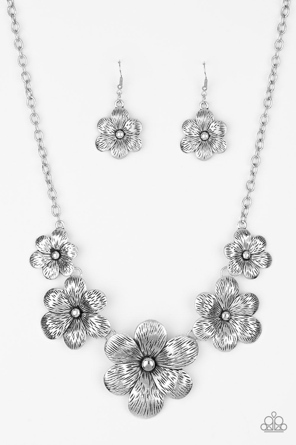Secret Garden Silver Flower Necklace - Paparazzi Accessories - free matching earrings -CarasShop.com - Paparazzi Jewelry by Cara Jewels