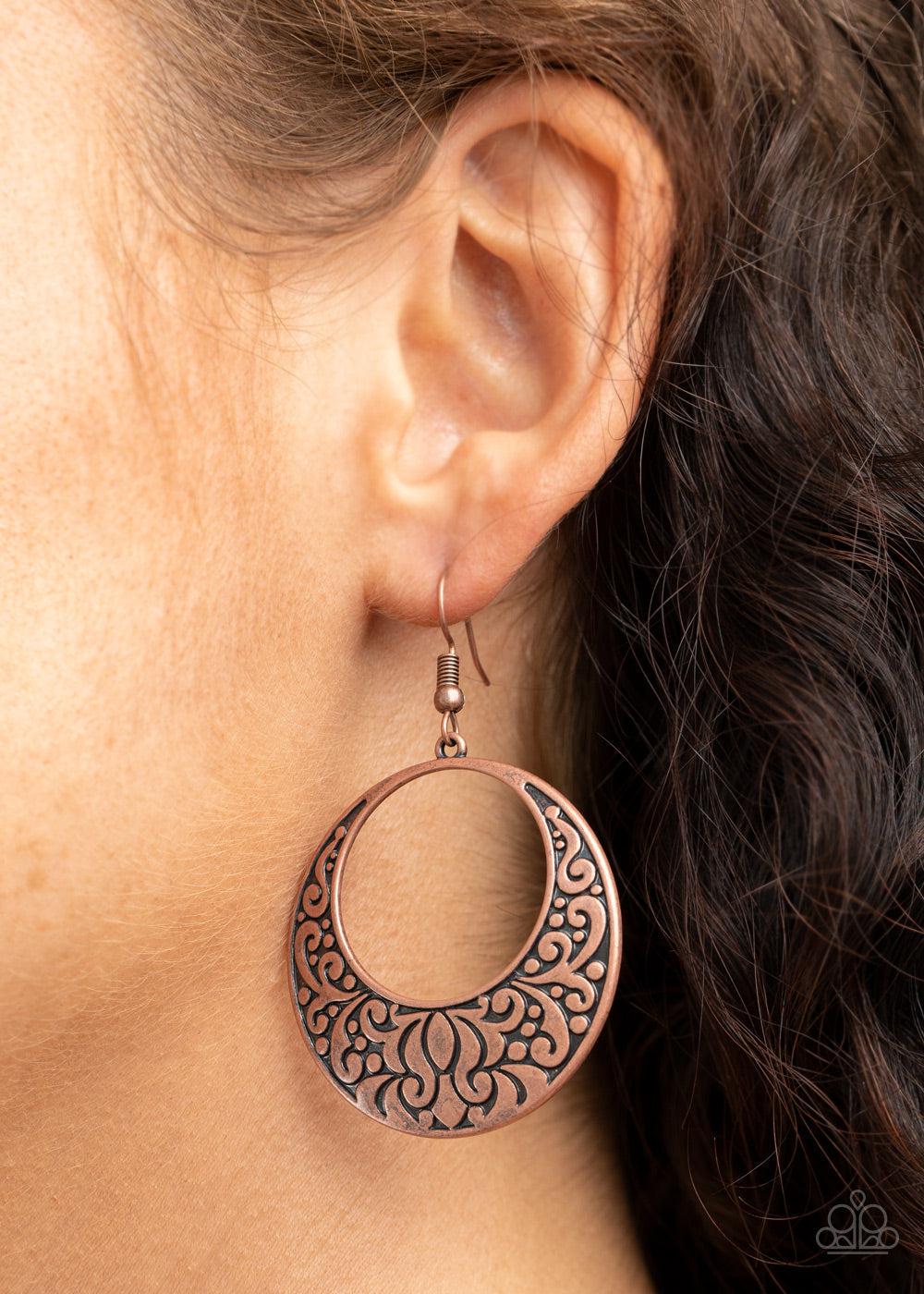 Secret Groves Copper Earrings - Paparazzi Accessories- on model - CarasShop.com - Paparazzi Jewelry by Cara Jewels