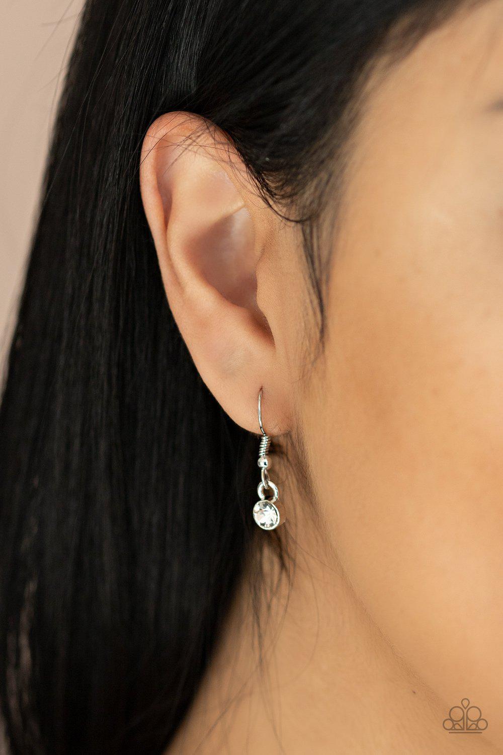 Secret Shimmer Blue Rhinestone Key Necklace - Paparazzi Accessories- on model - CarasShop.com - Paparazzi Jewelry by Cara Jewels