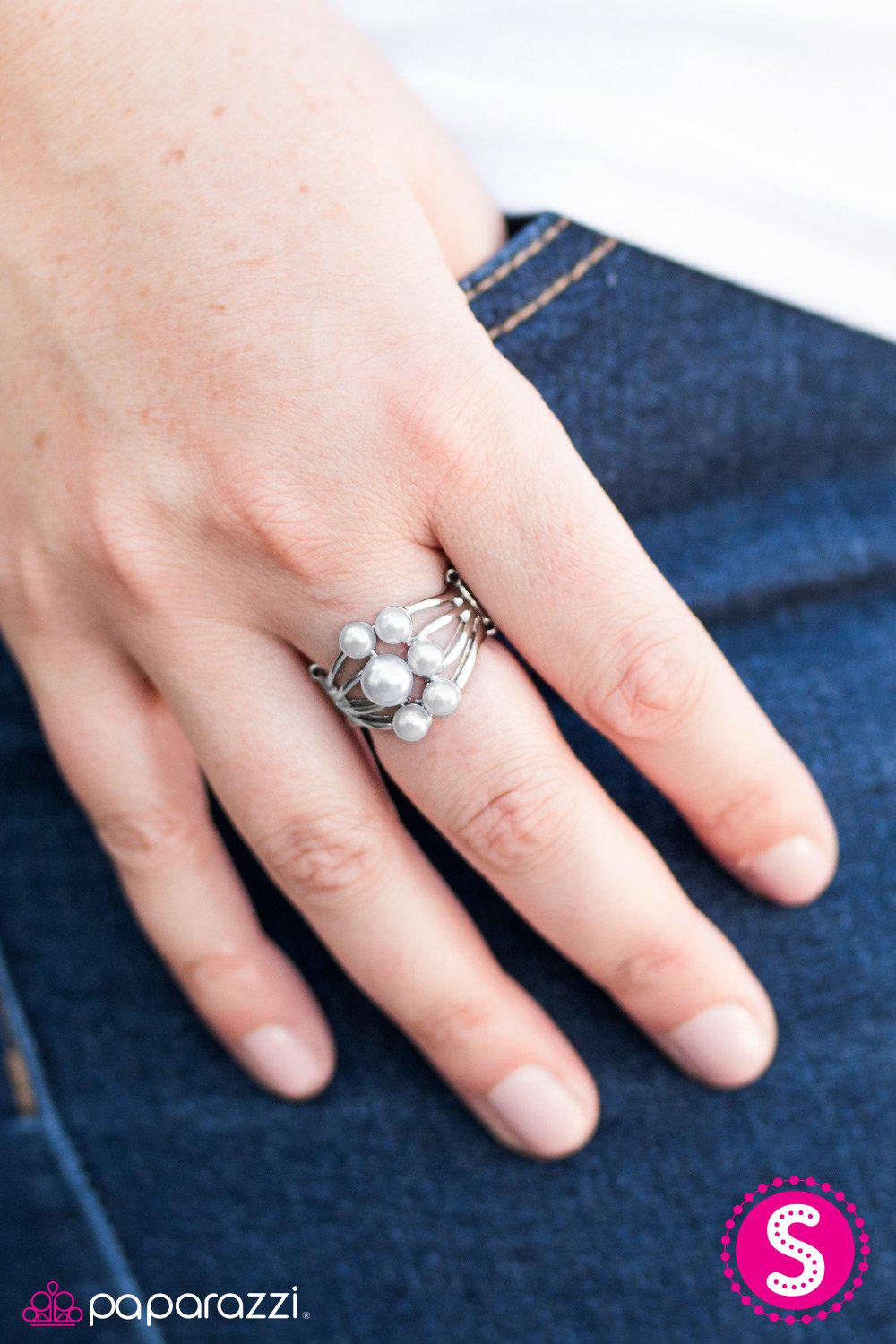 Secretly A Mermaid Silver Pearl Ring - Paparazzi Accessories- on model - CarasShop.com - Paparazzi Jewelry by Cara Jewels