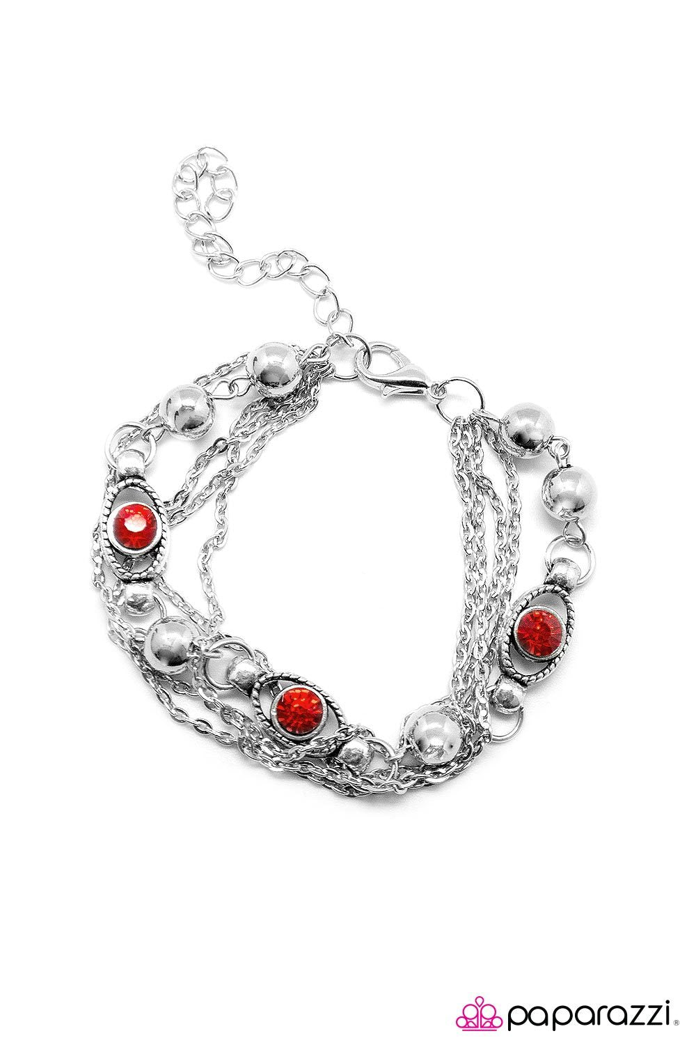Seeing Eye To Eye Silver Chain and Red Rhinestone Bracelet - Paparazzi Accessories- on model - CarasShop.com - Paparazzi Jewelry by Cara Jewels