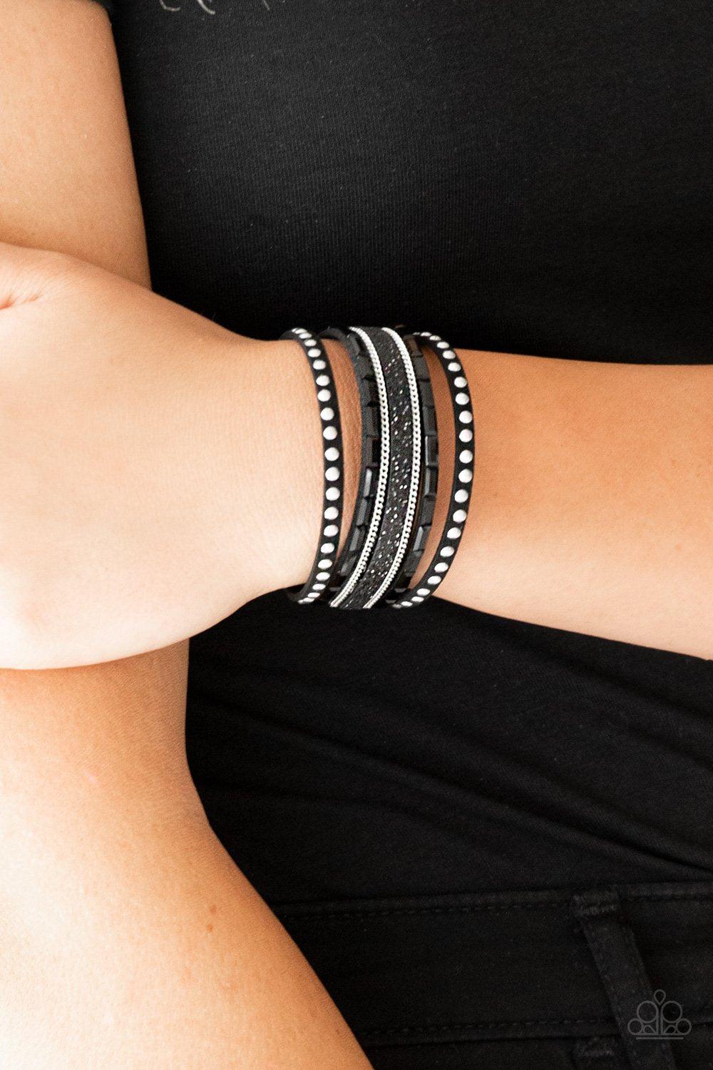 Seize The Sass Black and Silver Wrap Snap Bracelet - Paparazzi Accessories- lightbox - CarasShop.com - Paparazzi Jewelry by Cara Jewels