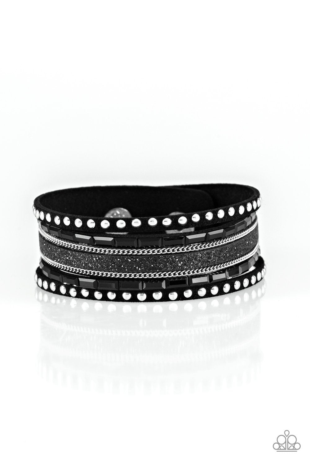 Seize The Sass Black and Silver Wrap Snap Bracelet - Paparazzi Accessories- on model - CarasShop.com - Paparazzi Jewelry by Cara Jewels