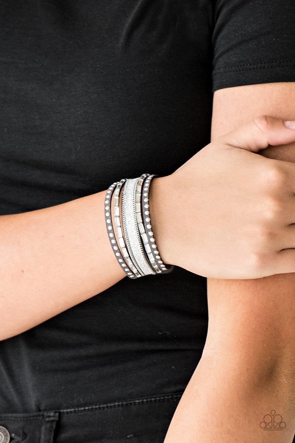 Seize The Sass Silver Urban Wrap Snap Bracelet- Paparazzi Accessories- on model - CarasShop.com - Paparazzi Jewelry by Cara Jewels