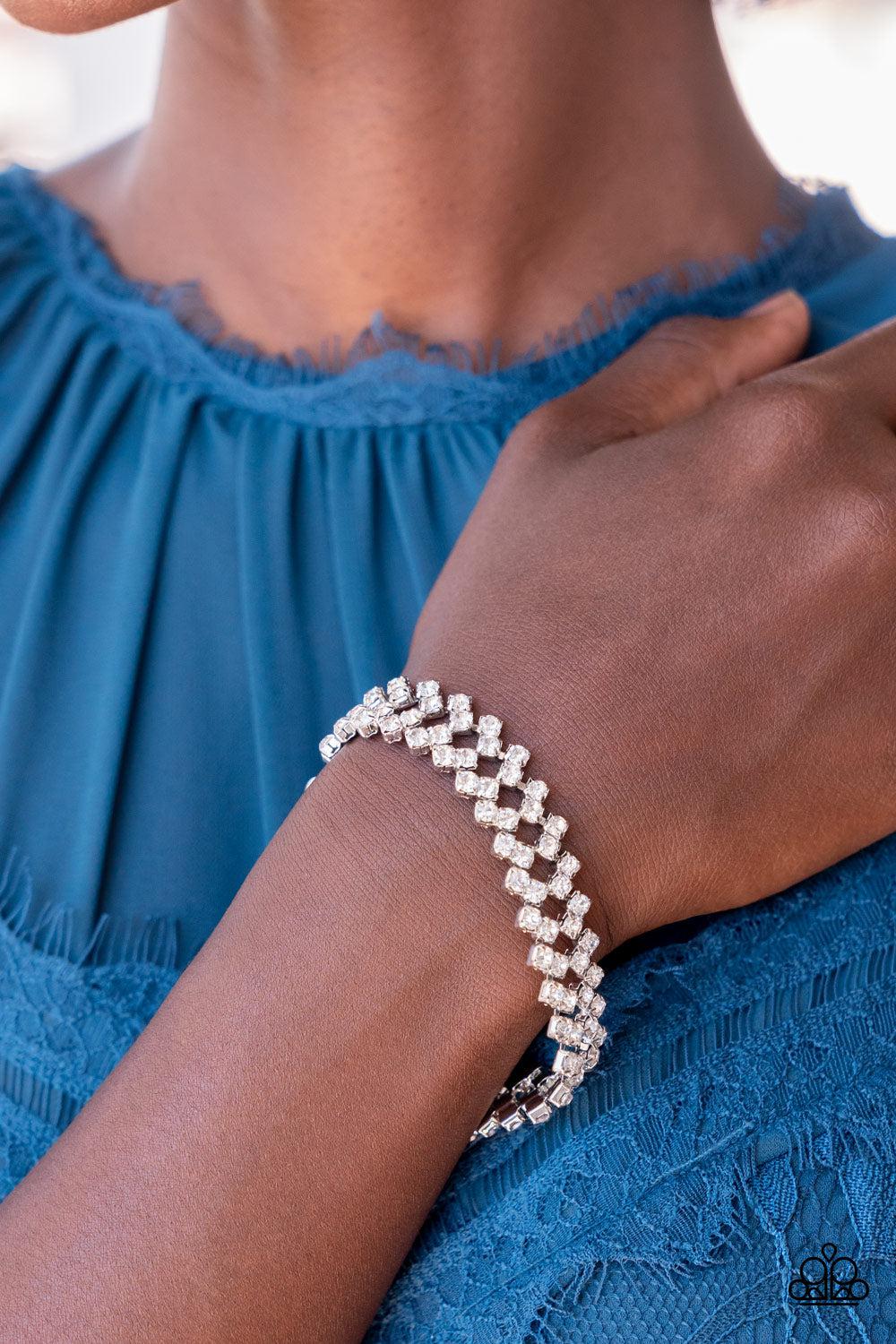 Seize The Sizzle White Rhinestone Bracelet - Paparazzi Accessories- on model - CarasShop.com - Paparazzi Jewelry by Cara Jewels