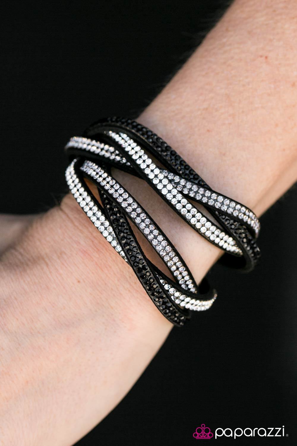 Send In The Sparkle Black and White Braided Double-wrap Snap Bracelet - Paparazzi Accessories- lightbox - CarasShop.com - Paparazzi Jewelry by Cara Jewels