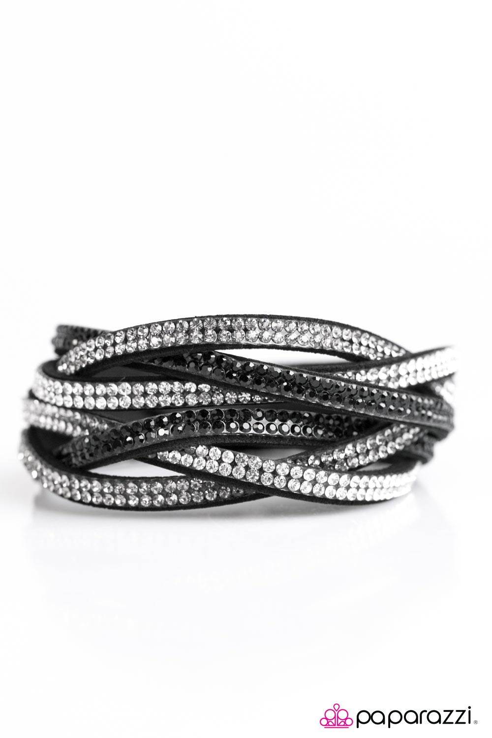 Send In The Sparkle Black and White Braided Double-wrap Snap Bracelet - Paparazzi Accessories- on model - CarasShop.com - Paparazzi Jewelry by Cara Jewels