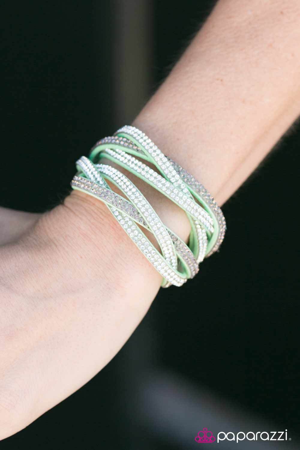 Send In The Sparkle Green and White Braided Double-wrap Snap Bracelet - Paparazzi Accessories- lightbox - CarasShop.com - Paparazzi Jewelry by Cara Jewels