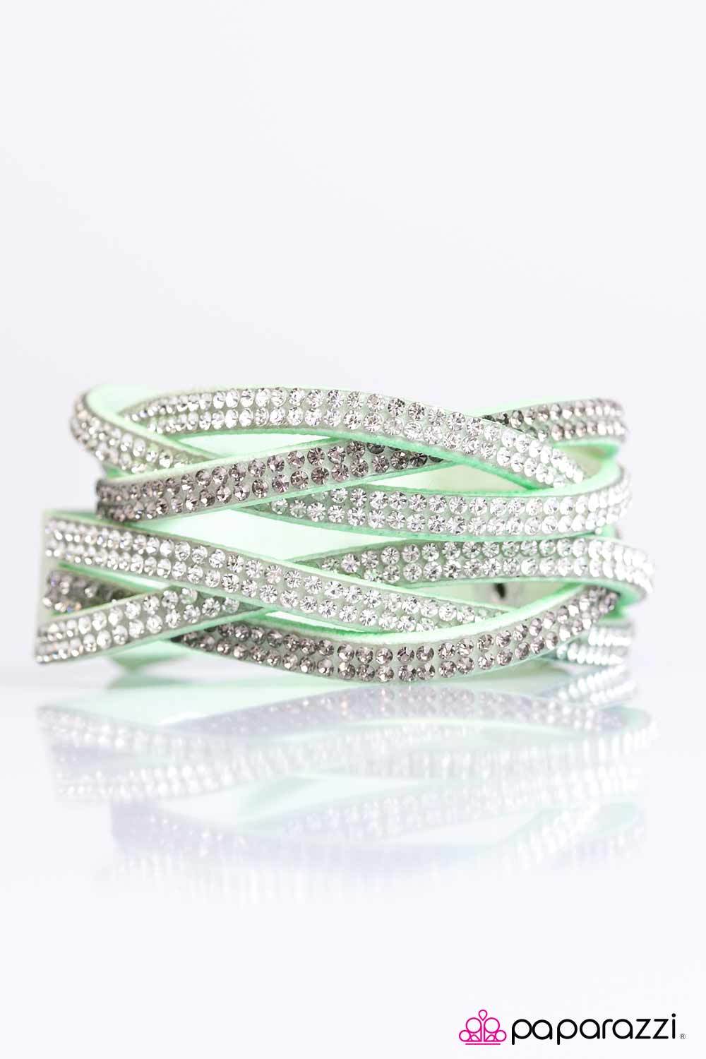 Send In The Sparkle Green and White Braided Double-wrap Snap Bracelet - Paparazzi Accessories- on model - CarasShop.com - Paparazzi Jewelry by Cara Jewels