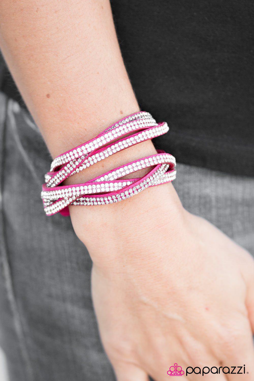 Send In The Sparkle Pink and White Braided Double-wrap Snap Bracelet - Paparazzi Accessories- on model - CarasShop.com - Paparazzi Jewelry by Cara Jewels
